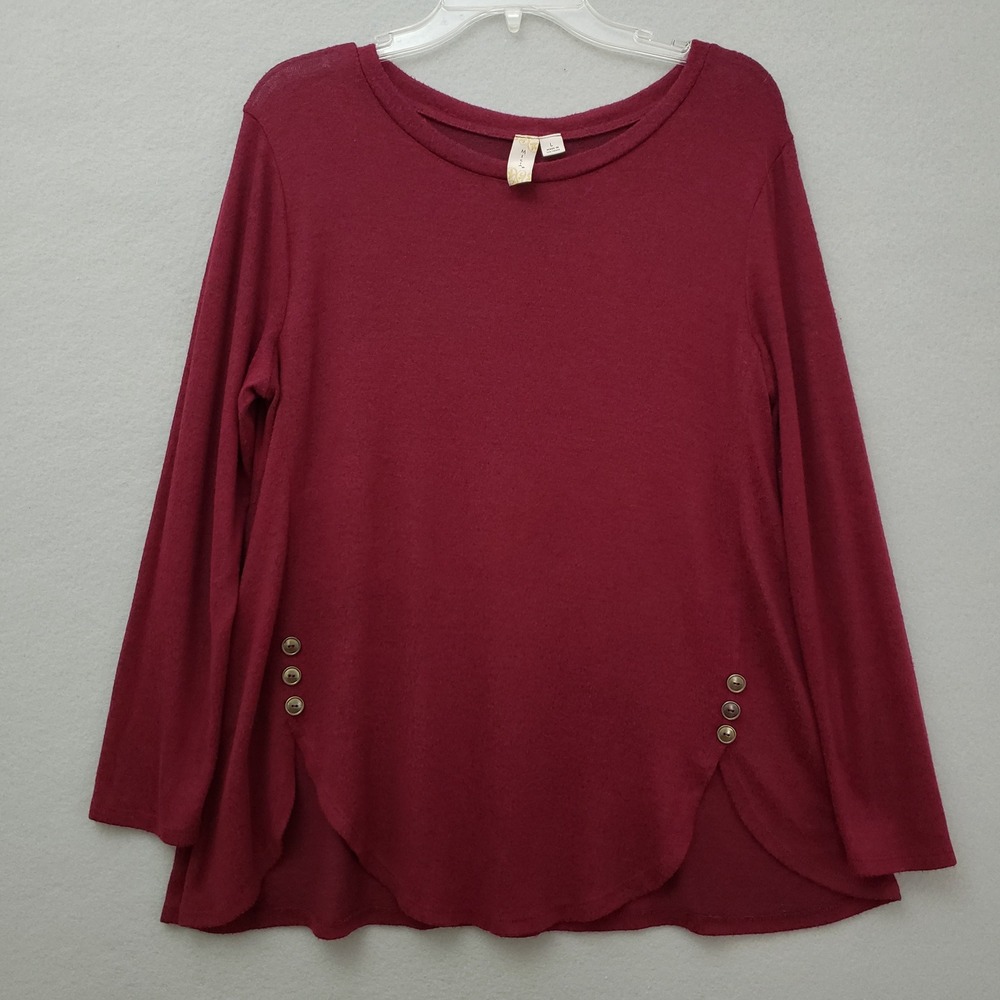 Misia Womens L Tunic Top Burgundy‎ Red Side Button Curved Hem Long Sleeve Knit